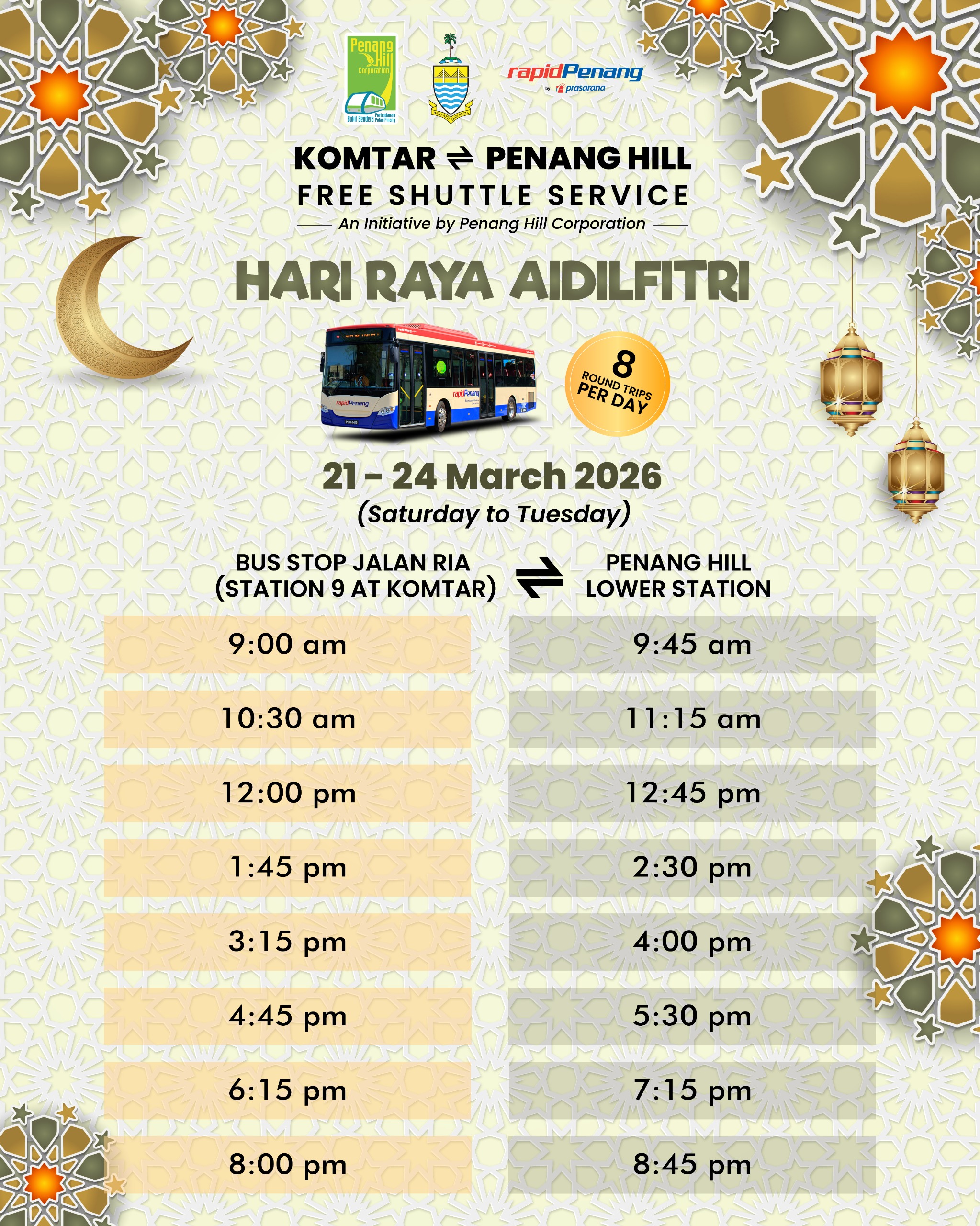 Penang Hill Free Shuttle Service – Raya Timetable